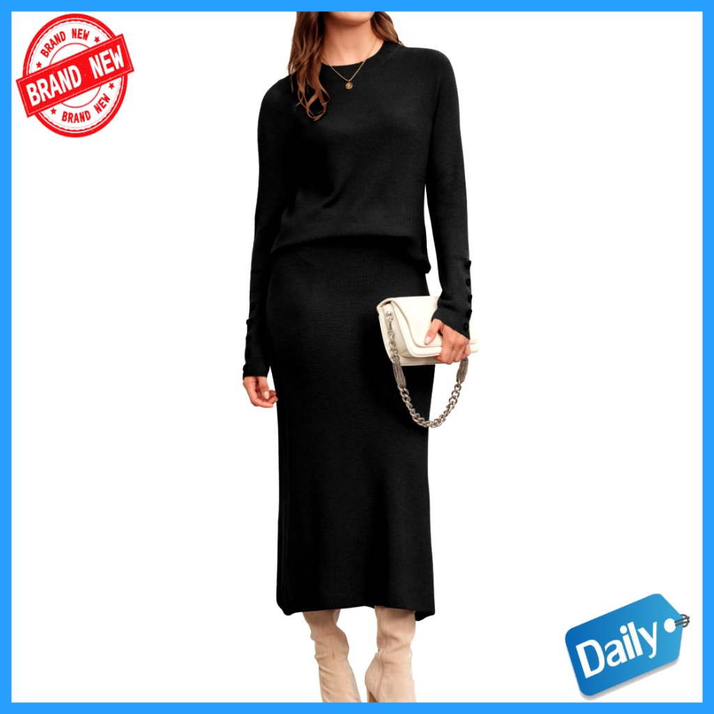 Wool Blend Sweater Top Midi Skirt Set Business Casual Outfit